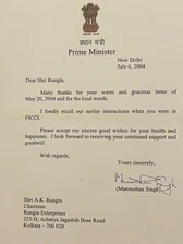 Image of a formal letter from Indian Prime Minister Manmohan Singh to Shri A.K. Rungta, dated July 6, 2004.